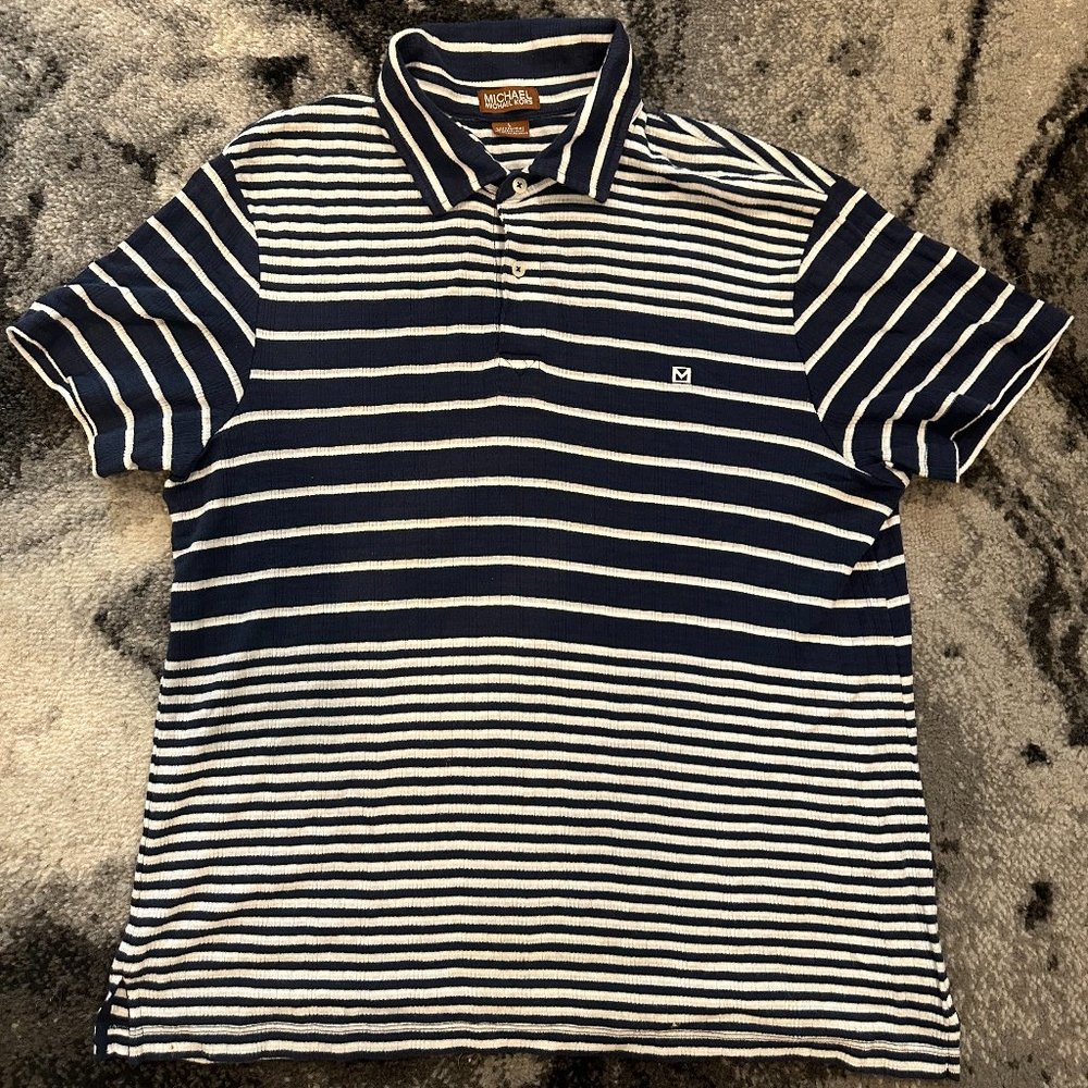 Michael Kors Navy Blue And White Striped Polo Shirt